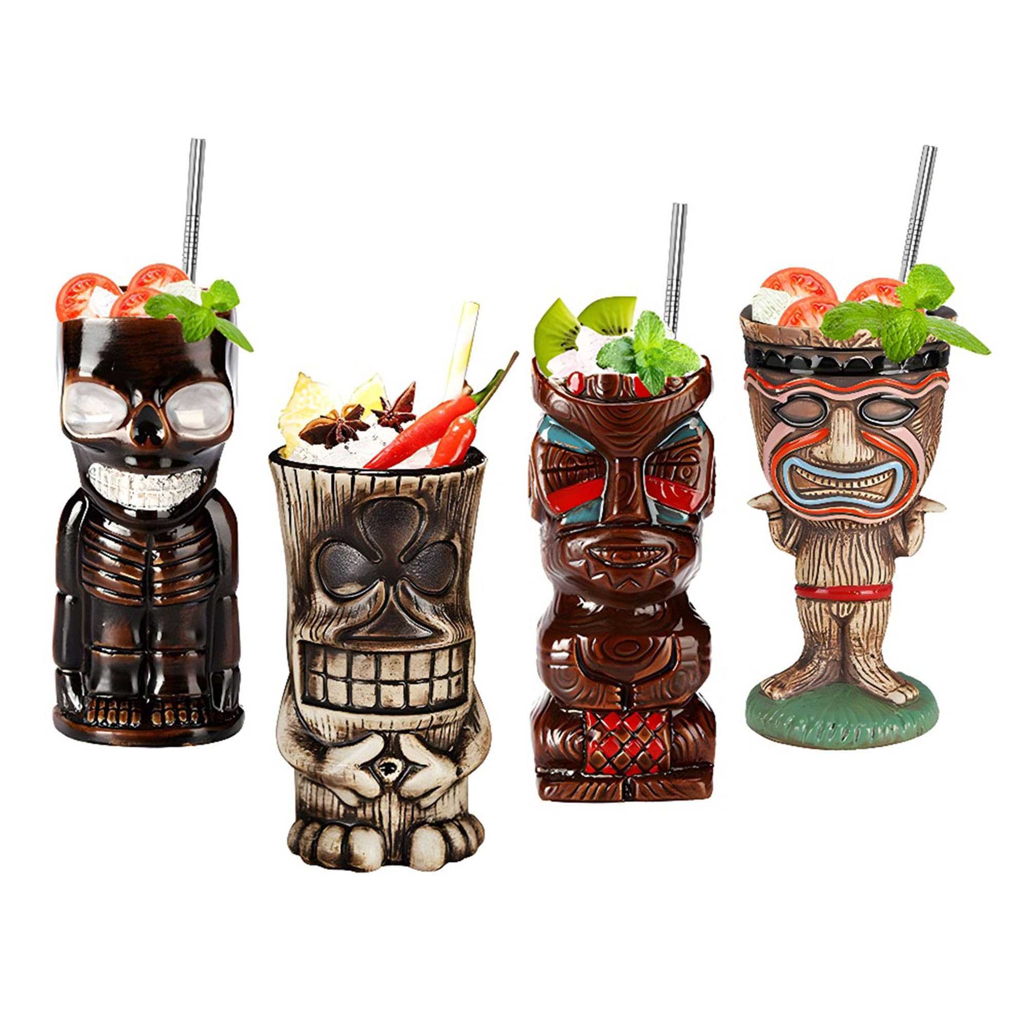 Morlinca Tiki Mugs - Tiki Mugs Set of 4 - Ceramic Tiki Glasses Cocktail Glasses Tiki Bar Decor Tiki Cocktail Party - Tiki Themed Parties - Halloween Parties - Hawaiian Party,A12