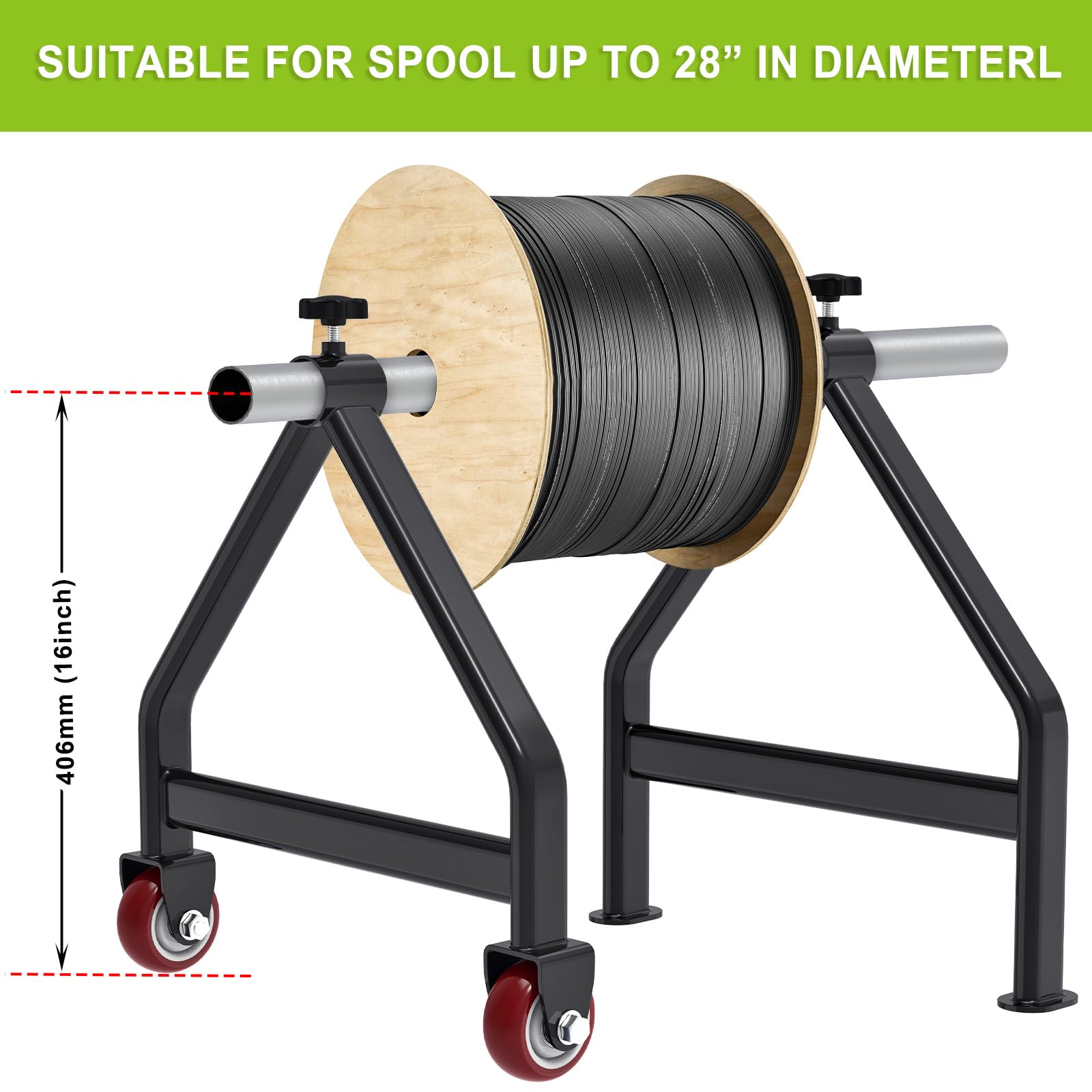 Porta bobine di filo, contenitore portatile per cavi, in acciaio completamente saldato, dispenser per bobine di diametro fino a 71 cm, capacità 99,8 kg, nero