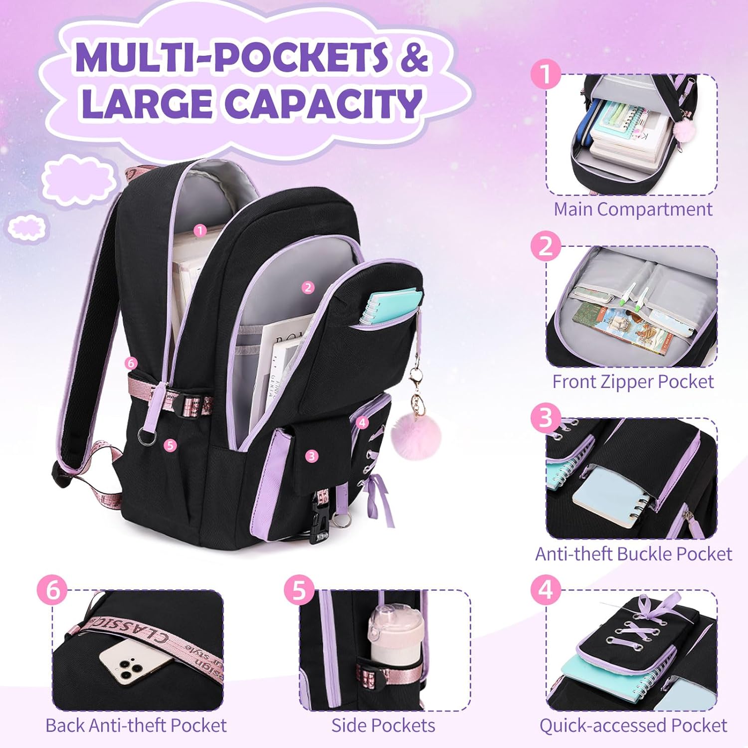 Backpacks for Girls, Girls Backpack with Lunch Box and Pencil Case for Teen Kids Elementary Middle High School College Student, Children Backpack Bookbag with USB Charging Port (Black Purple) - Image 3