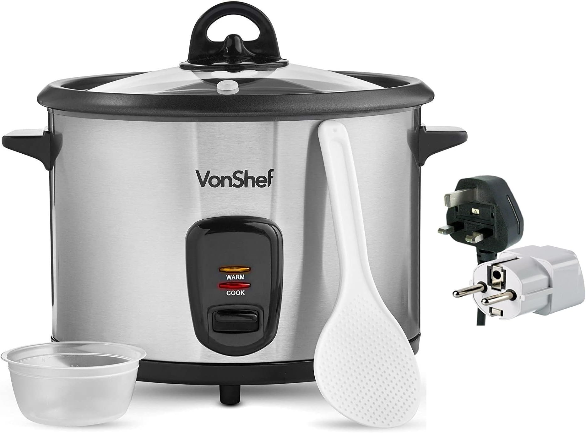 Vonshef 220 Volt Rice Cooker 10 Cup, Non Stick, Stainless Steel, Bundle With Dynastar Adapters | 220v 240v (NOT FOR USA)