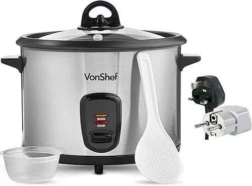 Vonshef - Olla de arroz de 220 voltios con 10 tazas, antiadherente, acero inoxidable, paquete con adaptadores Dynastar de 220 V, 240 V (no disponible en Yaxa Colombia
