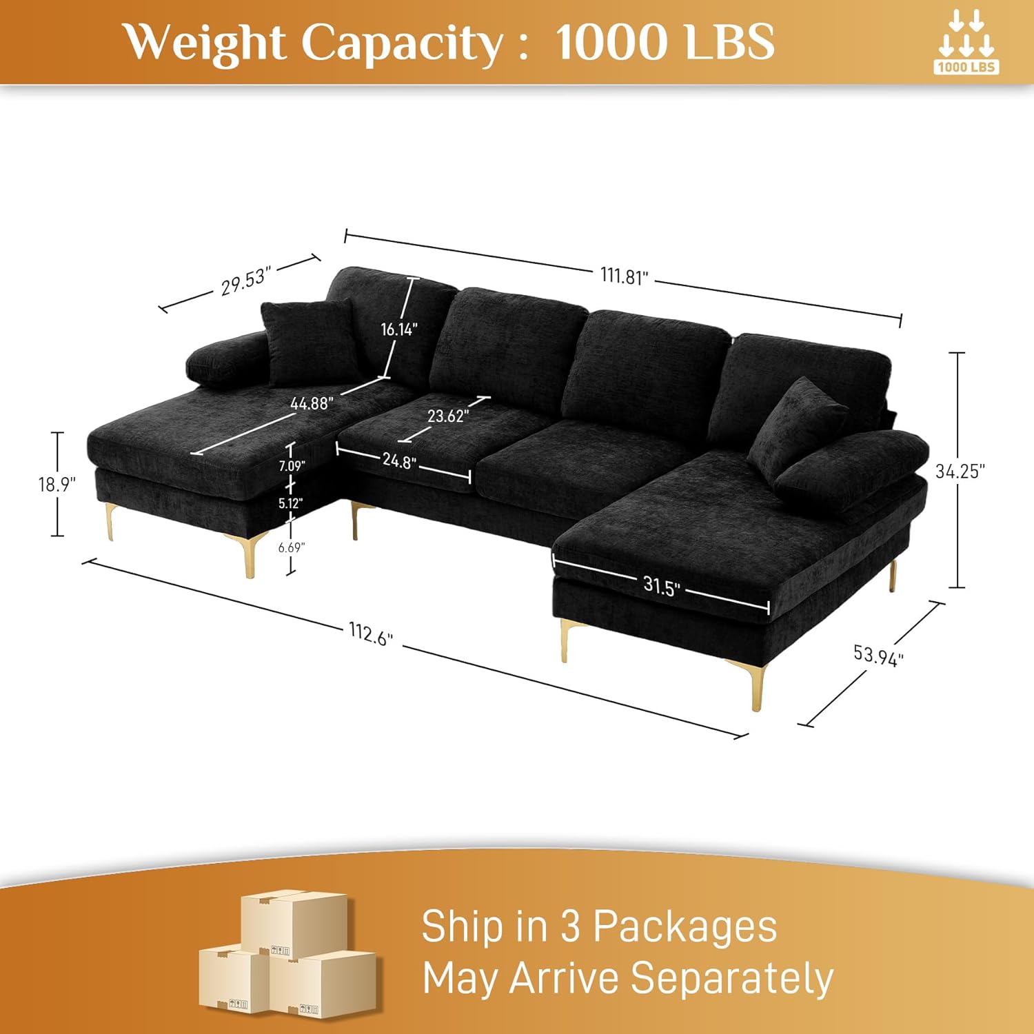 U Shaped Couches for Living Room, Convertible L Shaped Couch with Double Chaise Lounge, Modern Comfy Oversized 4 Seater Couches for Living Room Set, Black