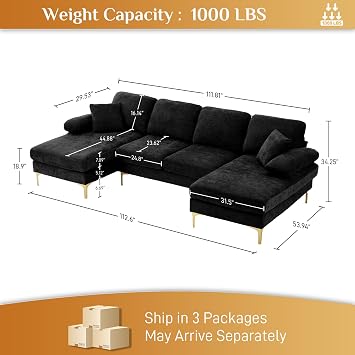 OUYESSIR 112 Cloud Sectional Sofa with Extra Deep Seat,U Shaped Sectional Couches for Living Room,4 Seater Chenille Sofas & Couches,Modern Apartment Couch with Double Chaise Lounge, Black