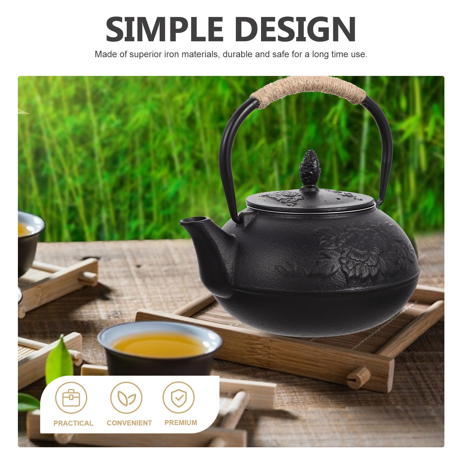 Tetera de Hierro Fundido de 900ml Tapa y Diseño Elegante para Hervir Agua y Preparar Té en Estufa de Forma