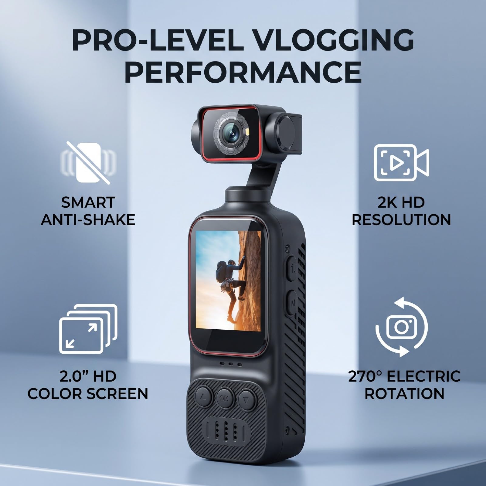 Caméra De Vlogging 2K, Caméra POV Portable À Main avec Objectif Pivotant À 270°, Stabilisation d'image, Fixation À Vis 1/4 Pouce pour Guidon, Clips De Poitrine, Casque