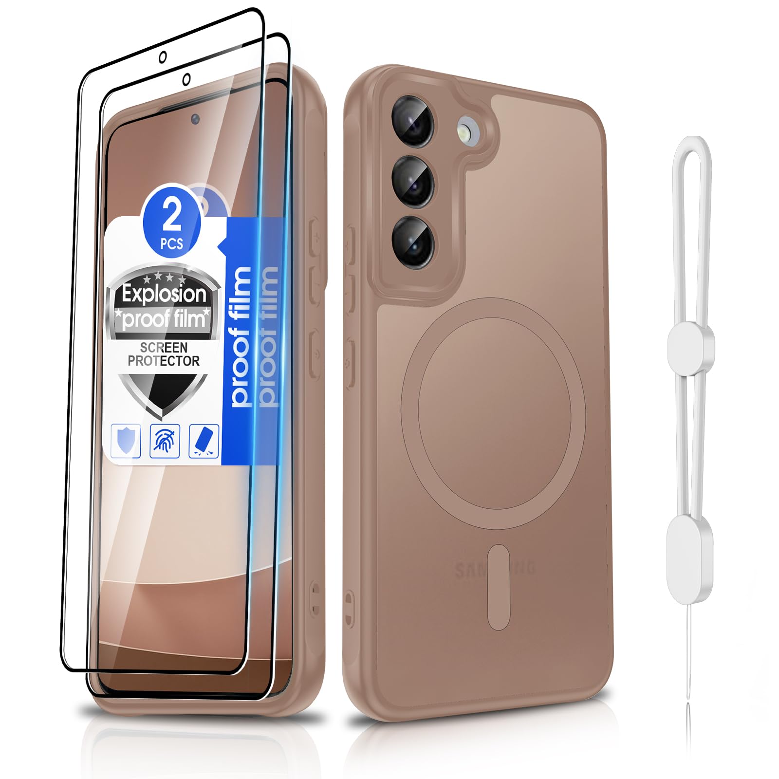 Dizn for Samsung Galaxy S22 Case:[Fit for MagSafe],Slim Silky Soft Touch Phone Case,with 2 Pcs Explosion-Proof Film,Wrist Strap,Military-Grade Dorp Protective 6.1-Inch S22 5G,Brown