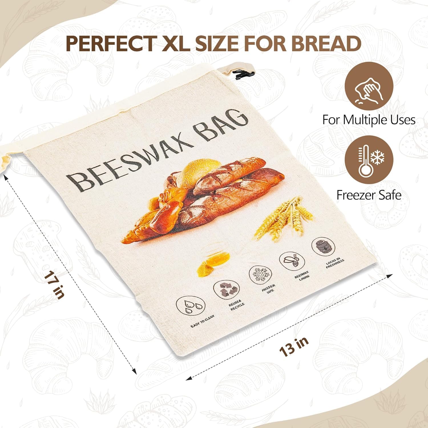 2026 New Upgrade 2-Pack Reusable Beeswax Bread Bags for Homemade Bread Sourdough, 17"×13"Natural XL Beeswax 100% Linen Moisture-proof Lined Storage Bags with Buckle& 1 Bowl Covers,Keeps Fresh Longer