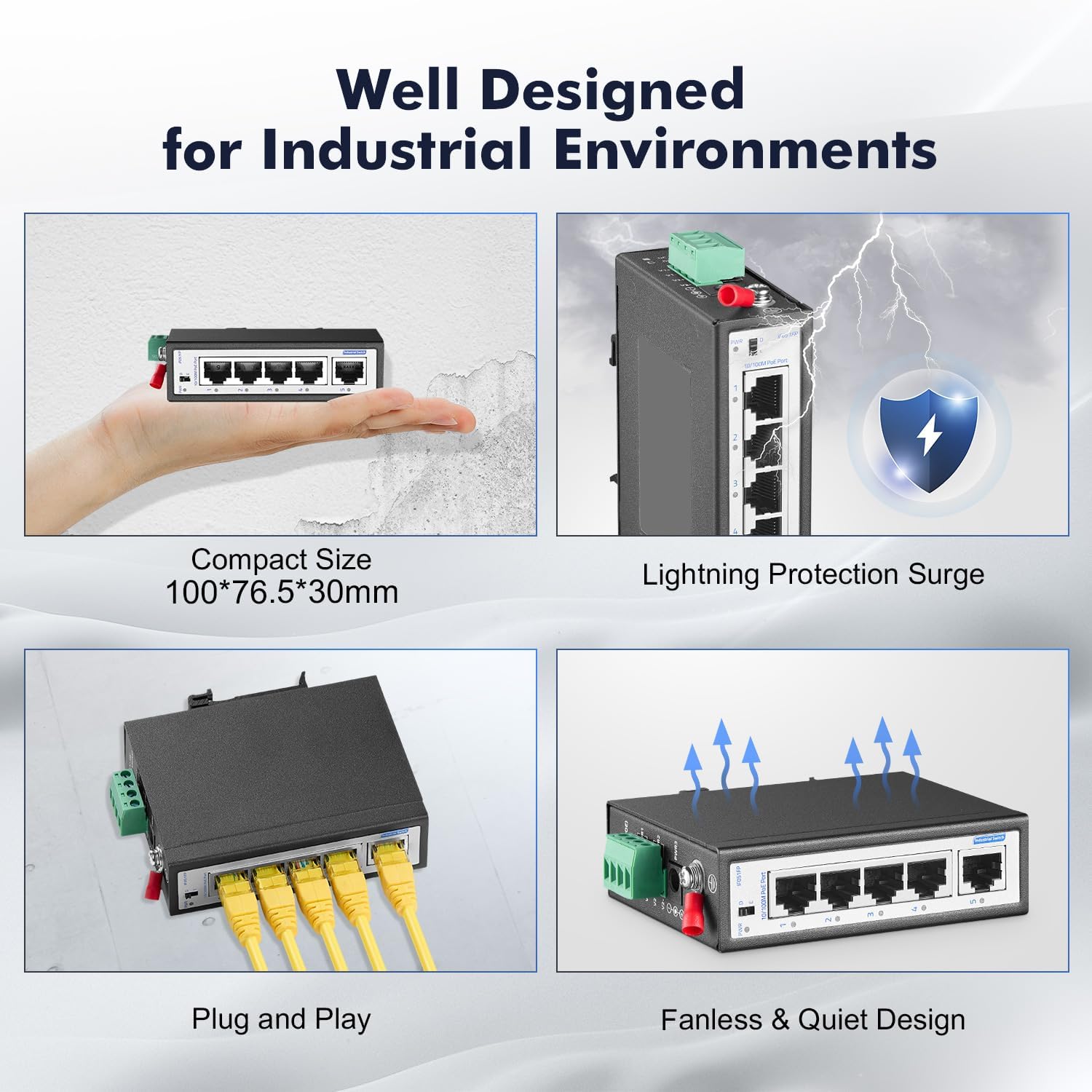 5 Port Mini PoE+ Industrial Switch, 4 Ports PoE+ and 1 Uplink, 10/100Mbps Fast Ethernet, Din Rail & Wall Mount, Unmanaged IP30 (-40~185°F) Hardened YuLinca Industrial Switch