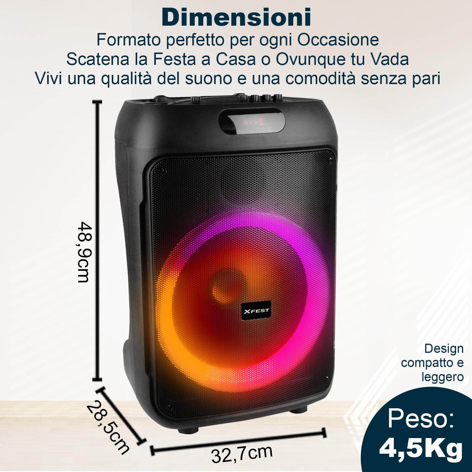 Trevi XFest XF 380 KB Speaker Wireless 50W, Altoparlante Portatile con Microfono Con Cavo Incluso, Ingressi USB, Micro SD, AUX-IN, Funzione TWS, Karaoke Party Speaker con Batteria Integrata