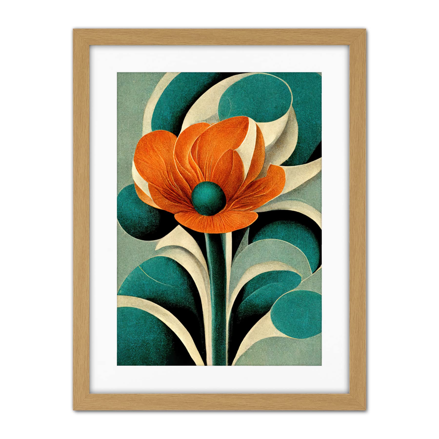 Doppelganger33 LTD Art Deco Poppy Flower Teal Orange Cream Artwork Framed Wall Art Print 18X24 Inch