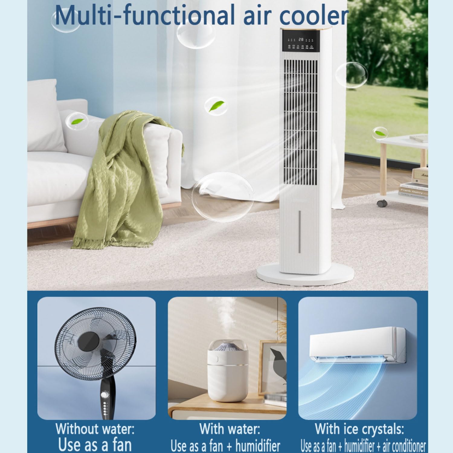 Tower - Ventola di raffreddamento per camera da letto, condizionatore d'aria portatile evaporativo, oscillante a 80° e design rimovibile e lavabile, 3 velocità, 28 dB, silenzioso, per la casa, bianco