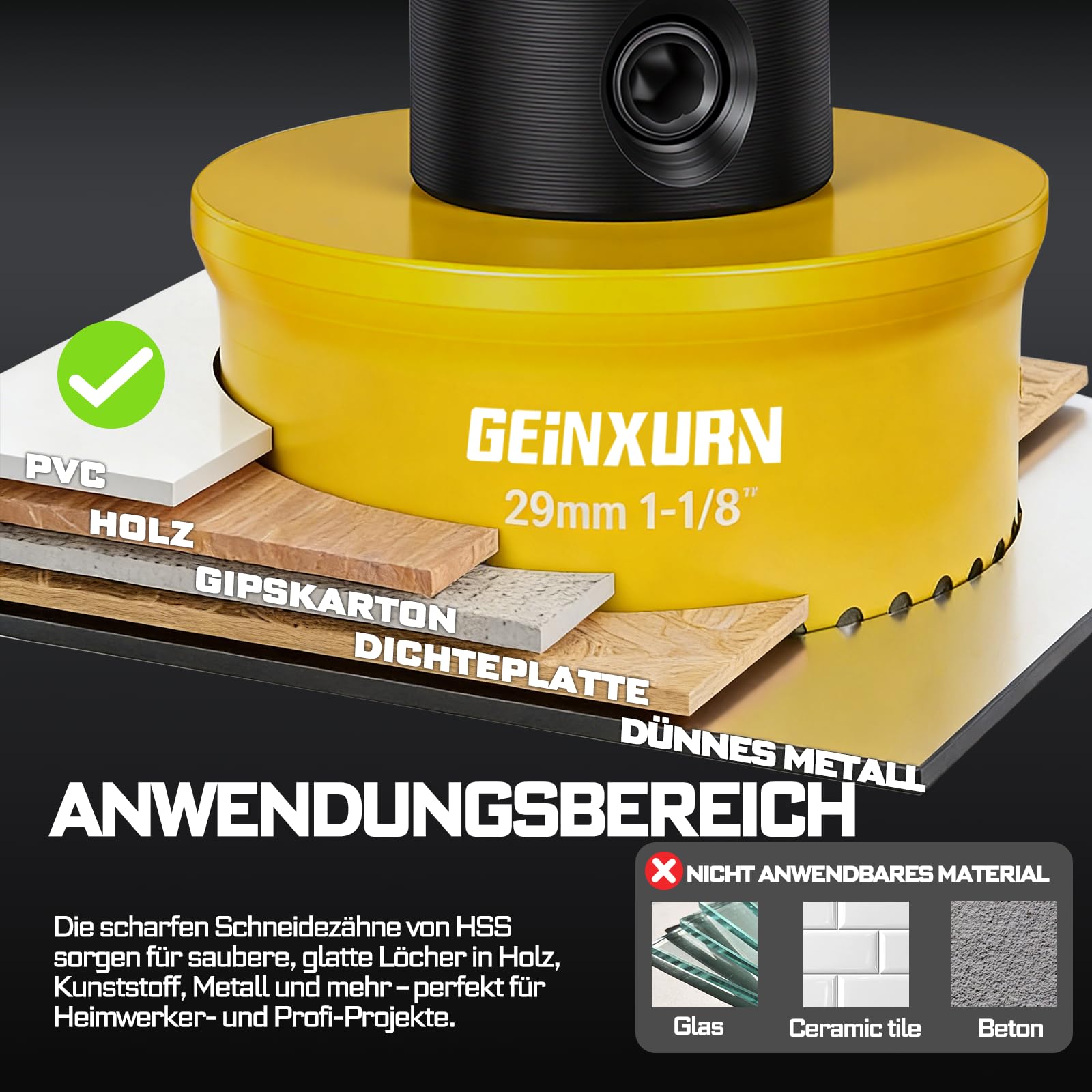 GEINXURN Piła otworowa, 22 mm, 29 mm, 35 mm, HSS bi-metal, do aluminium, drewna, żeliwa, mosiądzu, tynku, niebieskiego, żółtego, czerwonego, 3 szt