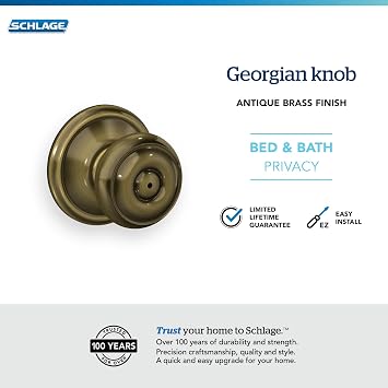 Schlage F40 GEO 609 Georgian Door Knob, Bed & Bath Privacy Lock, Antique Brass