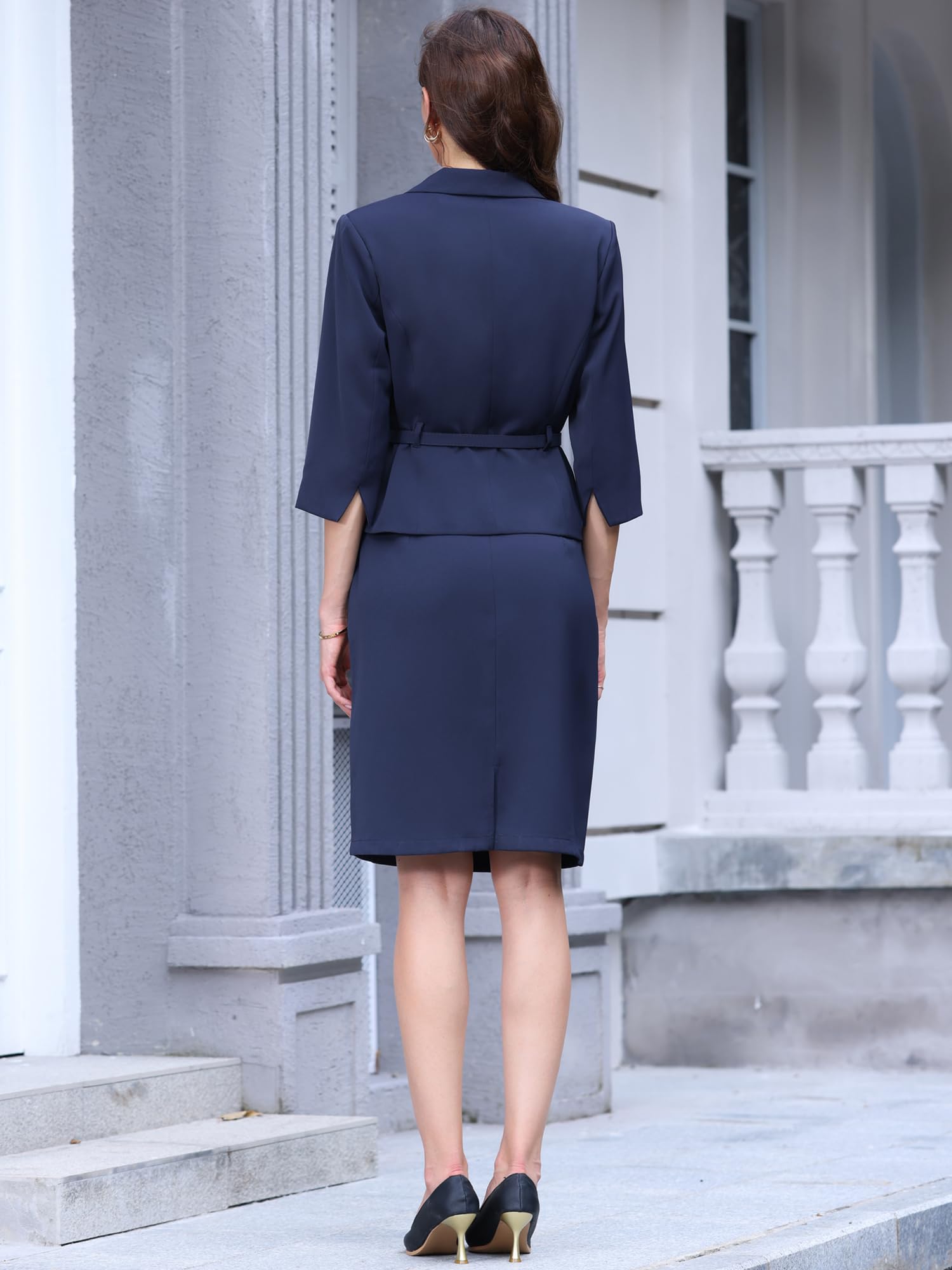 Hobemty Ensemble 2 Pièces pour Femme Blazer à Manches 3/4 avec Ceinture et Jupe Courte Crayon