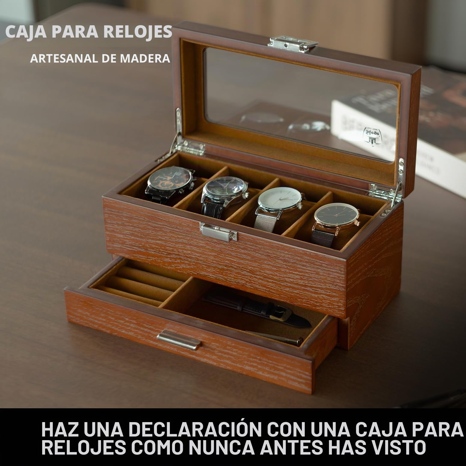 Slege Caja de Relojes de Madera,con 4 Compartimentos de 2 Niveles,Caja para Relojes Hombre,Estuche Relojero Organizador con 1 Cajón,Cubierta de Vidrio,Organizador para Hombres y Mujeres Regalo,Marrón