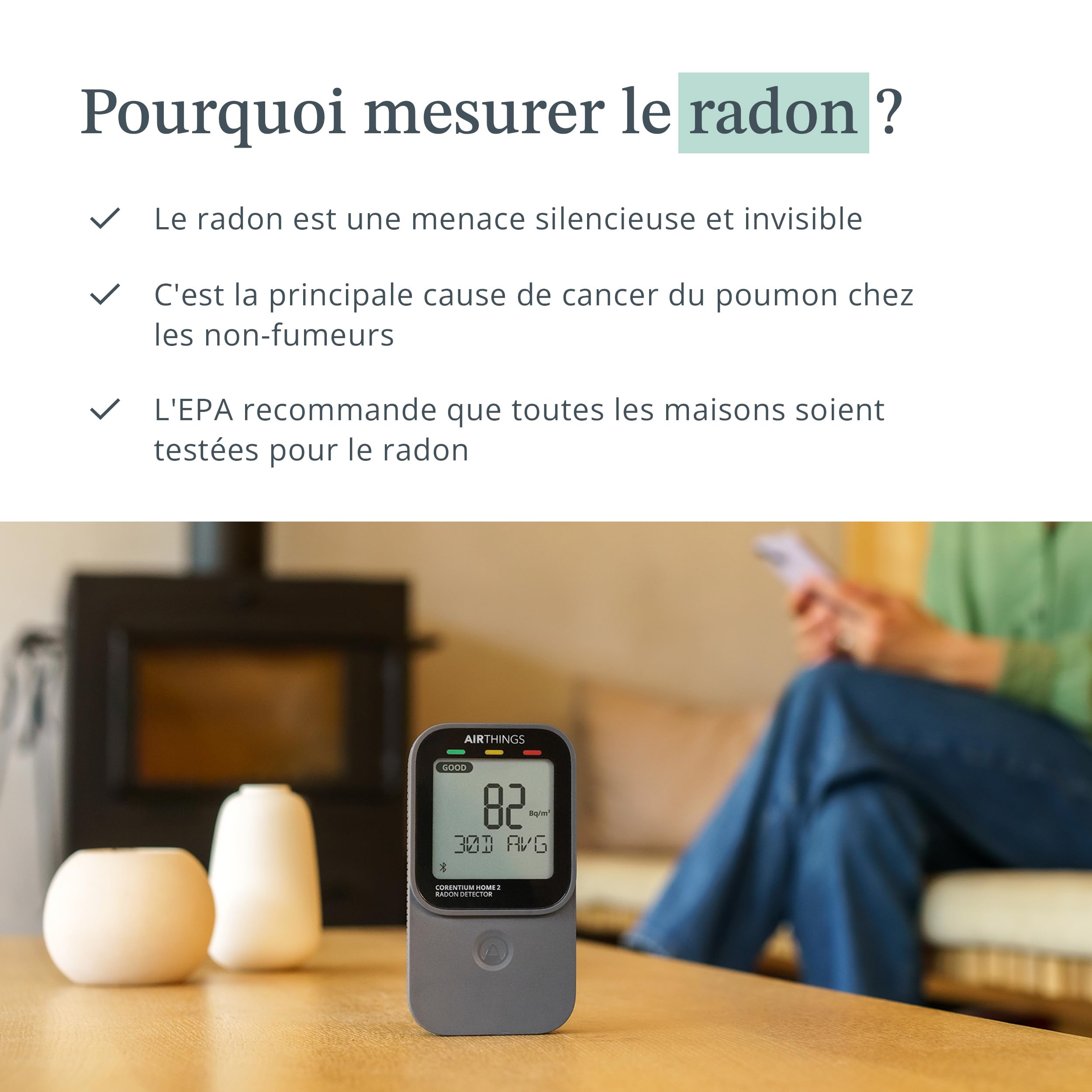 Corentium Home 2 Airthings - Détecteur de Radon numérique Intelligent - Portable et Facile à Utiliser avec connectivité Bluetooth et capteurs d'humidité et de température