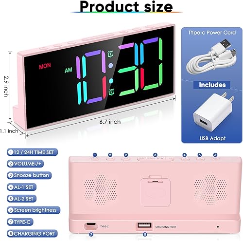 Miniatura 7 de Relojes despertadores digitales, grandes números grandes, bonitos relojes para dormitorios, dormitorios universitarios, adolescentes, reloj de