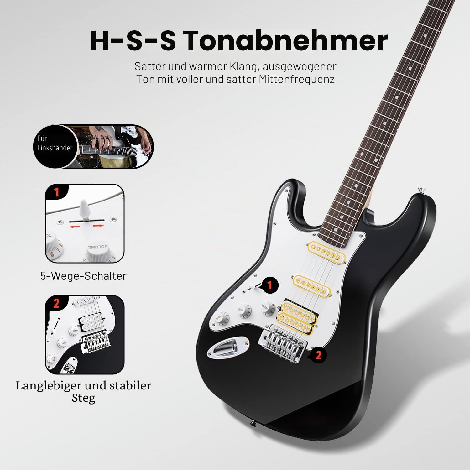 Donner Linkshänder E-Gitarre Set Anfänger Full-Size Schwarz 39 Zoll Lefty Starter Paket mit allem Zubehör Verstärker Kapodaster Gurt Saite Stimmgerät Kabel und Plektren DST-100BL