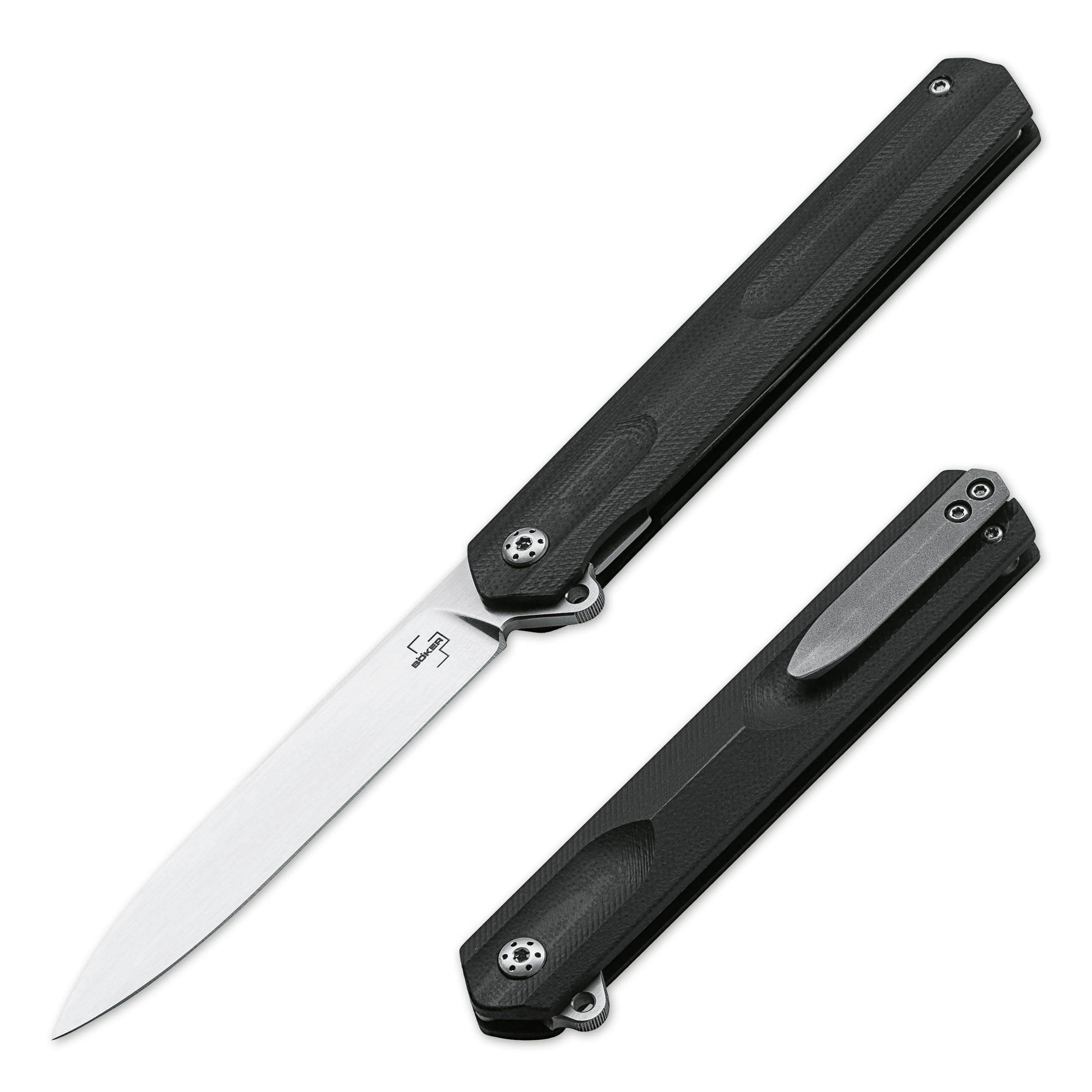 BÖKER PLUS® Kyoto - klappbares Gentleman Taschenmesser mit Clip - Flipper Einhandmesser mit D2 Droppoint Klinge - schmales Klappmesser mit G10 Griff schwarz im Japan Stil mit Etui