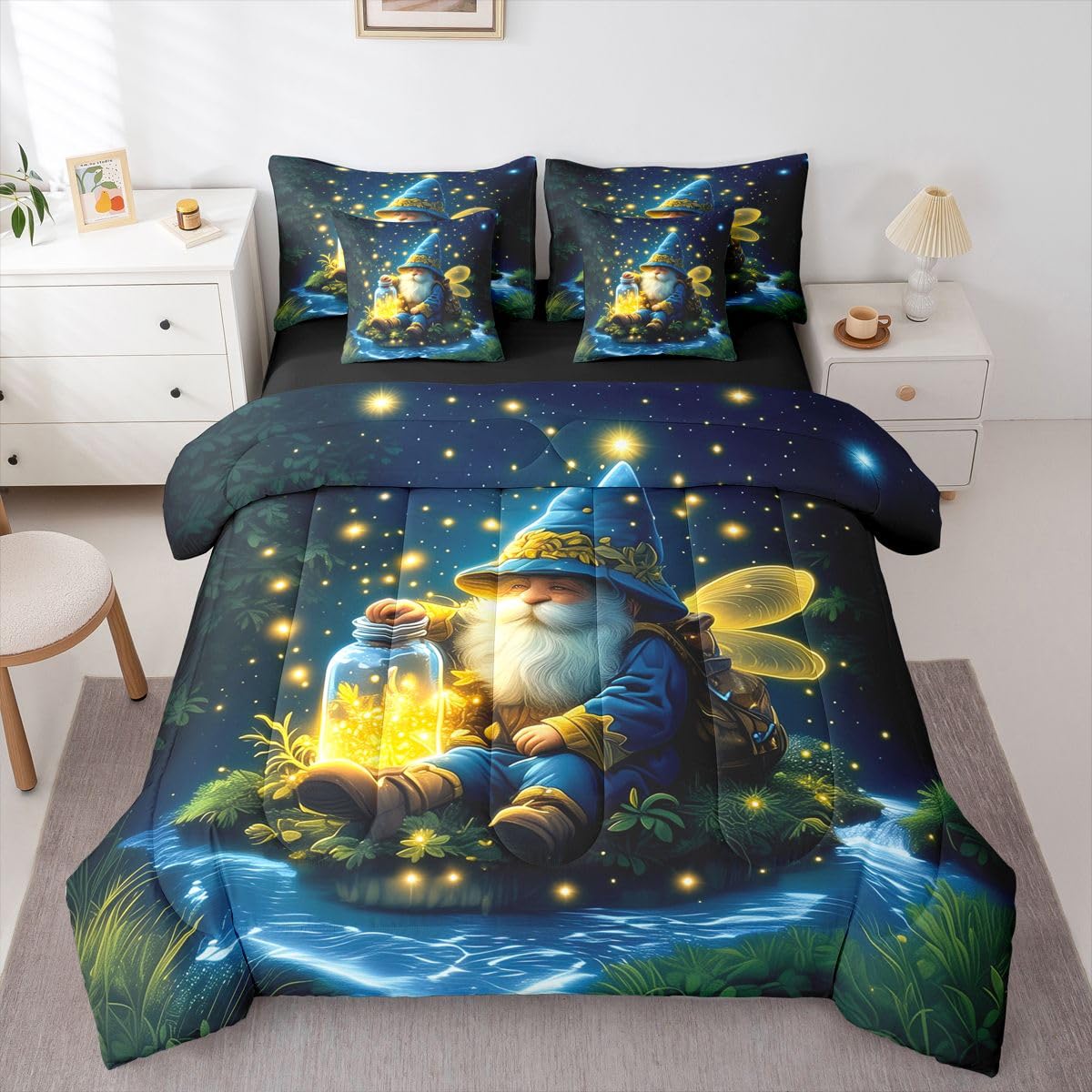 Gnome Elf Comforter Set 7 Pieces,Spring Galaxy Night Bed Set for Adults,Magical Jungle Leaves Bedding Queen with 1 Comforter,1 Fitted Sheet,1 Flat Sheet,2 Pillowcases,2 Throw Pillow Cover