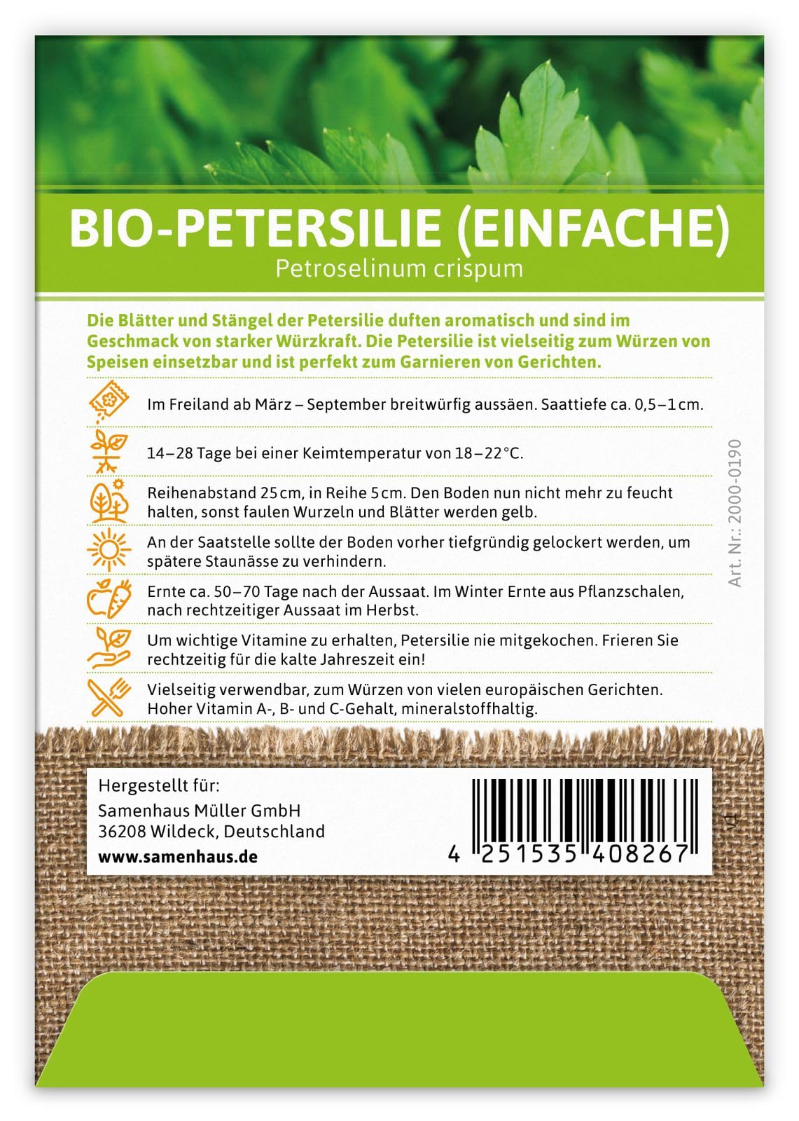 FLORTUS 2000-0190-100x Petersilie einfache (100 Tütchen) (BIO Petersiliensamen)