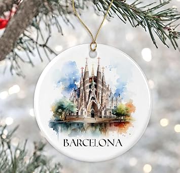 Barcelona Watercolor Christmas Ornament - Gift for Spain Lovers, Travel Souvenir, Housewarming Keepsake - Ceramic Xmas Ornament Printed on One Side