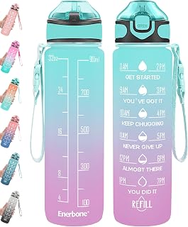 Enerbone 32oz Motivational Water Bottle with Time Markers, Straw, Leakproof Strap - BPA Free for Gym, Fitness, Hiking