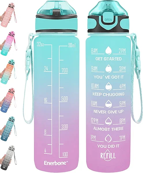 Enerbone 32 oz Drinking Water Bottle with Times to Drink and Straw, Motivational with Carrying Strap, Leakproof BPA & Toxic Free, Ensure You Drink Enough Water for Fitness Gym Outdoor