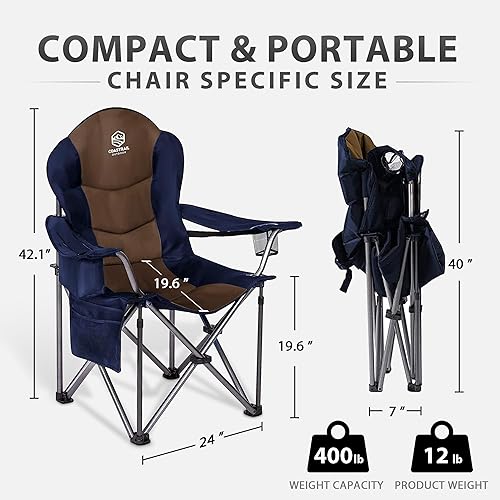 Miniatura 3 de Silla de camping acolchada de gran tamaño con brazo cuádruple con soporte lumbar para la espalda, bolsa refrigeradora, portavasos y bolsillo