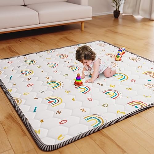 Tapete de juego bohemio para bebé, de 50 x 50 pulgadas, tapete grueso para el suelo del bebé, tapete antideslizante acolchado para gatear, tapete de