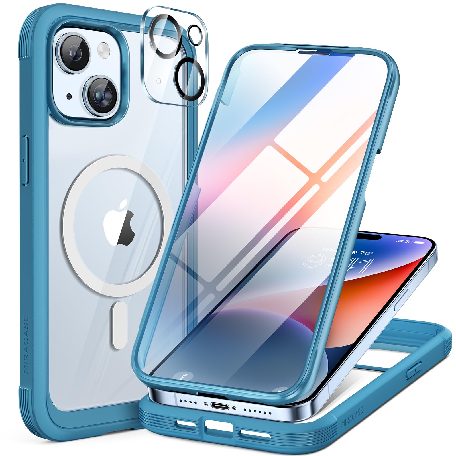 Miracase Magnetic Case for iPhone 15 Case 6.1-Inch, Full Body Bumper Clear Back Cover Compatible with MagSafe and Built-in 9H Tempered Glass Screen Protector + Camera Lens Protector (Surfing Blue)Global Recycled StandardGlobal Recycled StandardCarbonfree CertifiedGlobal Recycled Standard