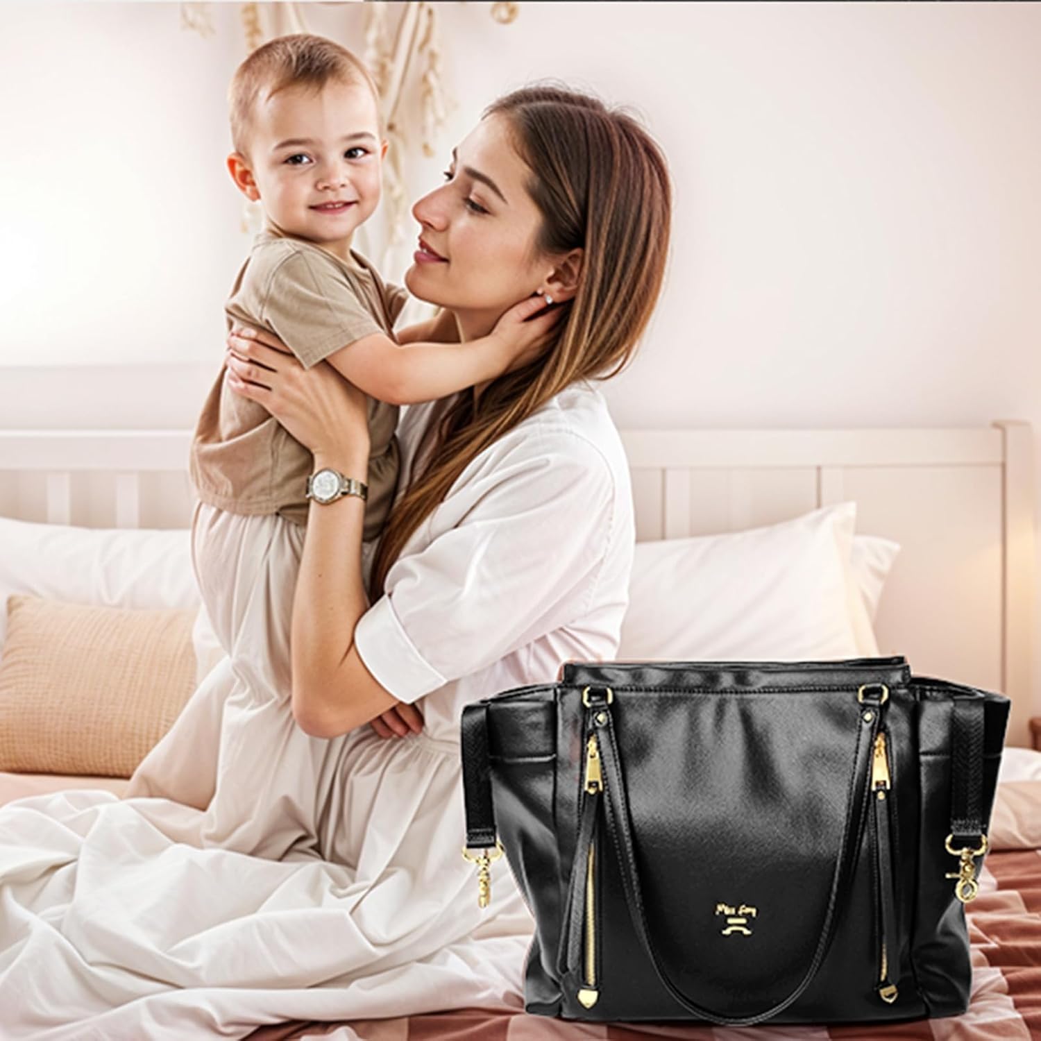 miss fong Diaper Bag Tote Leather Diaper Bag Backpack,Large Capacity Mommy Bag Hospital Bag,12 Pockets Travel Diaper Tote with Changing Pad,Stroller Straps & Insulated Pockets for Mom & Dad-Black - Image 9