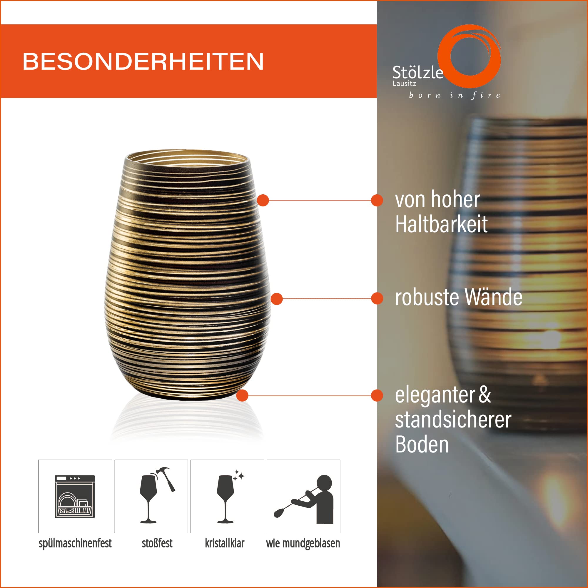 Stölzle Lausitz Vasos Twister Elements Metallic 6x465ml – Cristal sin plomo elegante y duradero – Lavables en lavavajillas ideales para agua zumos cócteles y uso diario en casa o eventos | Copas de agua, zumo y cócteles con diseño de Twister metálico, de