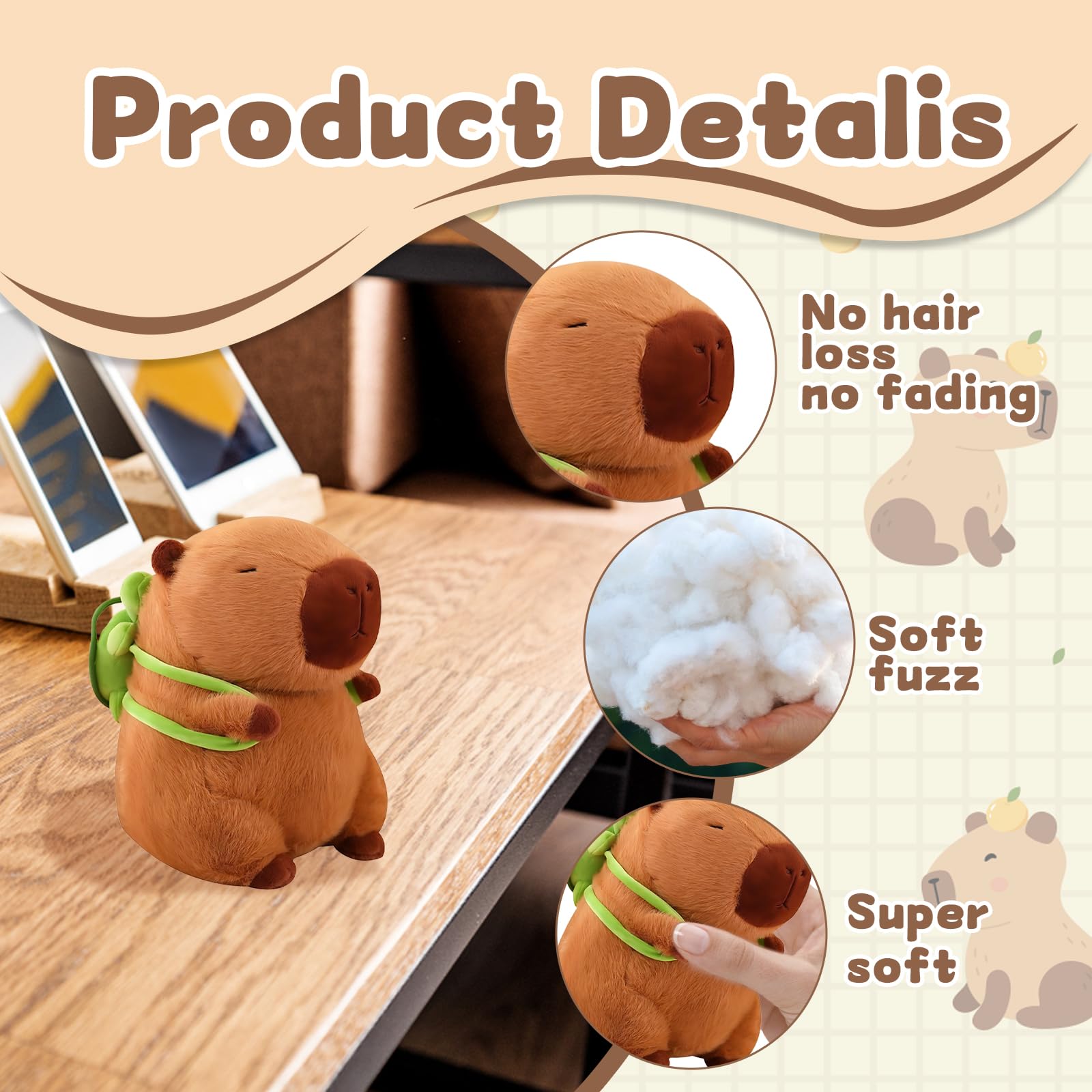 BeoTnp Capybara Plush, Cute Stuffed Animal with Turtle Backpack, 23cm Cotton Plushie, Soft Capybara Toy for Kids Boys, Girls - Image 3
