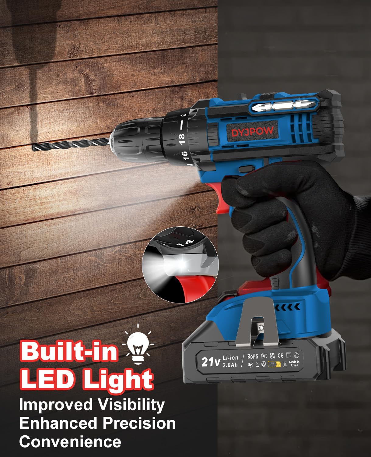 Perceuse Visseuse Sans Fil 21V, Visseuse Devisseuse Sans Fil avec Batterie 2.0Ah, 42Nm Percussion, 18+1 Réglages de Couple, 22 Accessoires, 2 Vitesses, LED, pour le Bricolage, Bleu