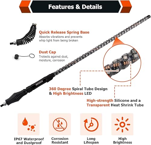 Miniatura 4 de WeiSen 2 luces LED RGB de 4 pies con aplicación Bluetooth, base de resorte de 360 en espiral RGB persecución todoterreno antena iluminada látigos