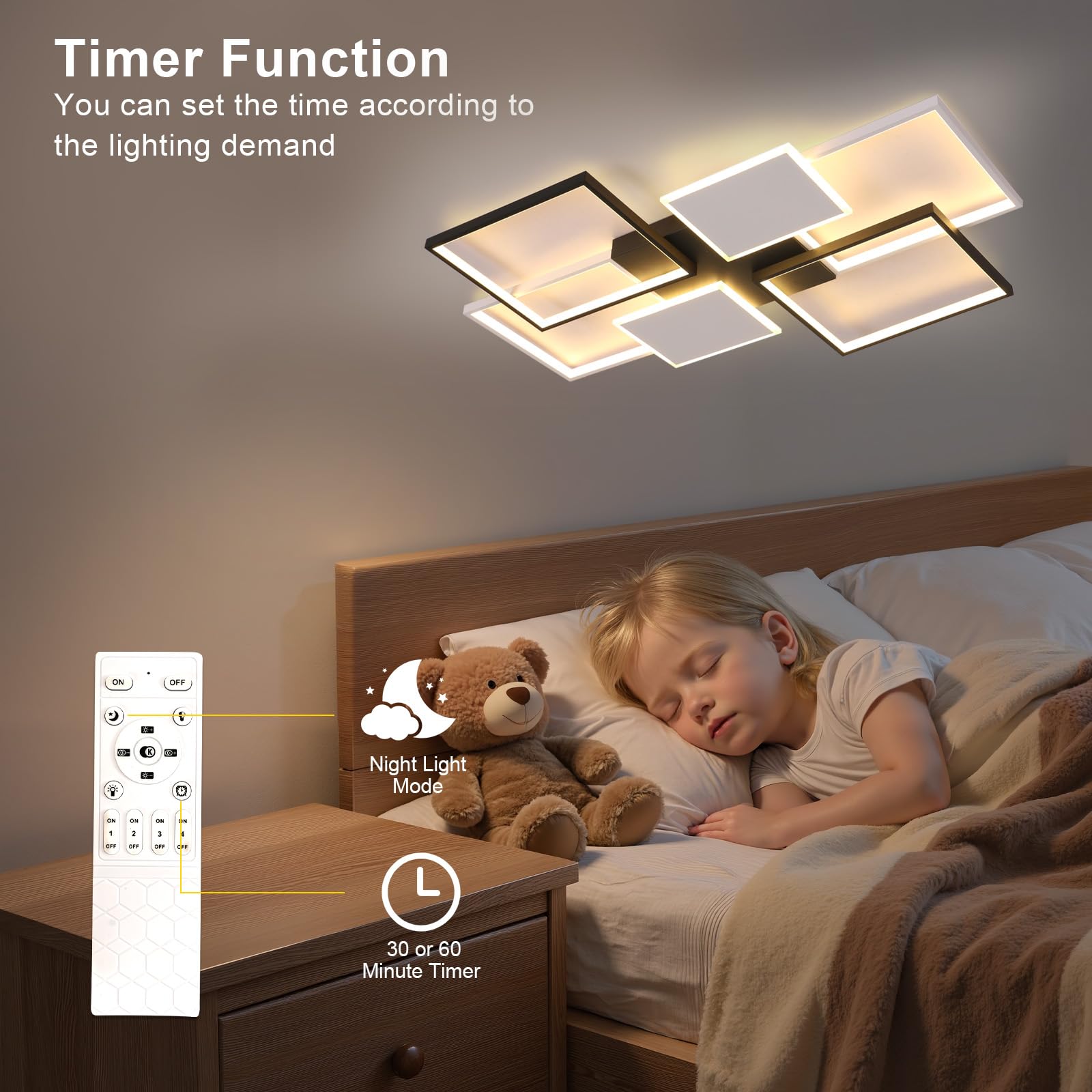 Plafoniera LED da Soffitto 110CM, 72W 8100LM Lampada Dimmerabile con Telecomando, 3000K-6000K, per Camera da Letto, Cucina, Soggiorno, Studio, Nero+Bianco