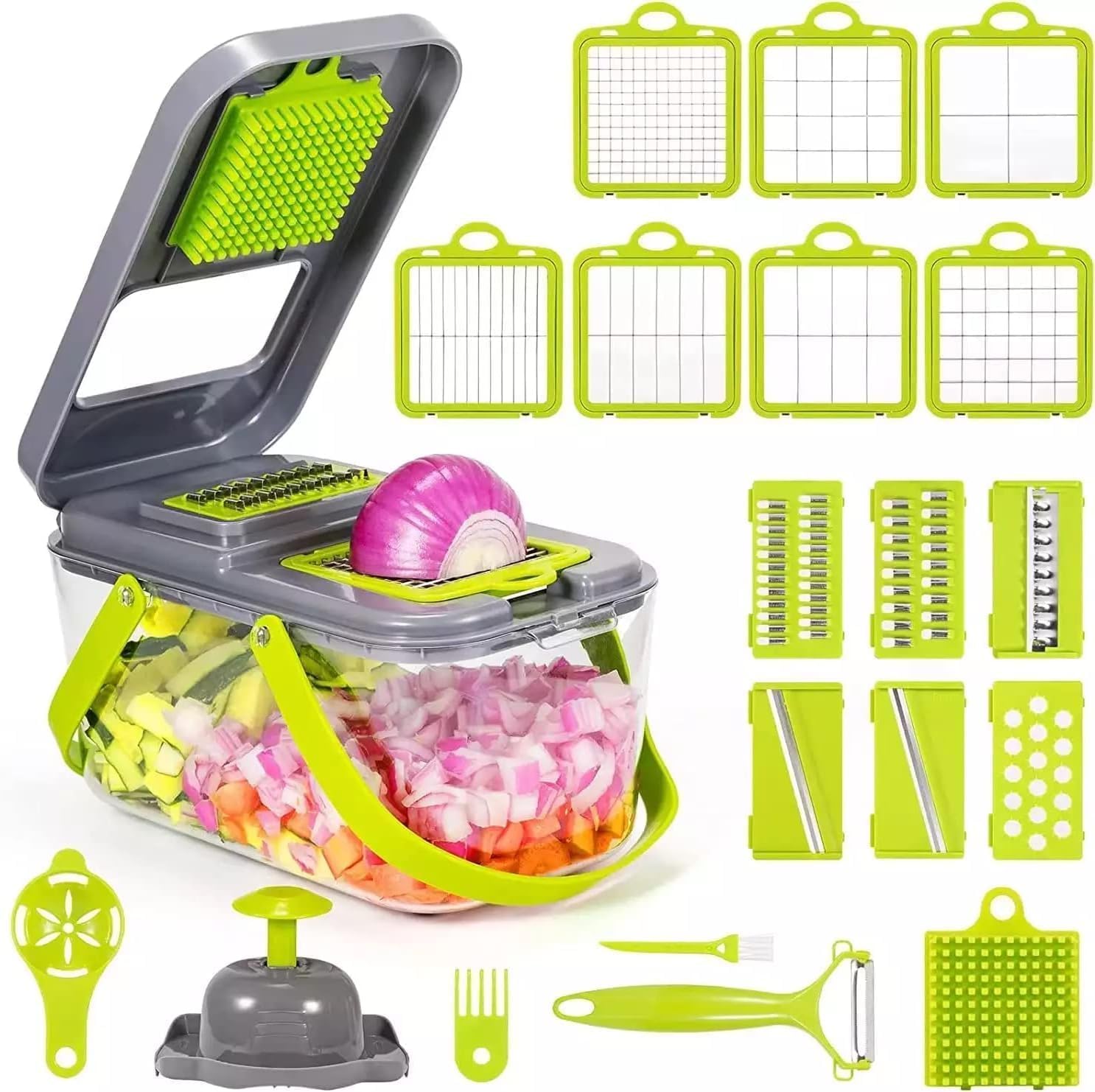 22 in 1 Vegetable Chopper Multi Function Kitchen Veg Cutter 13 Stainless Steel Blades Onion Choppers with Storage Container for Fruits and Veg