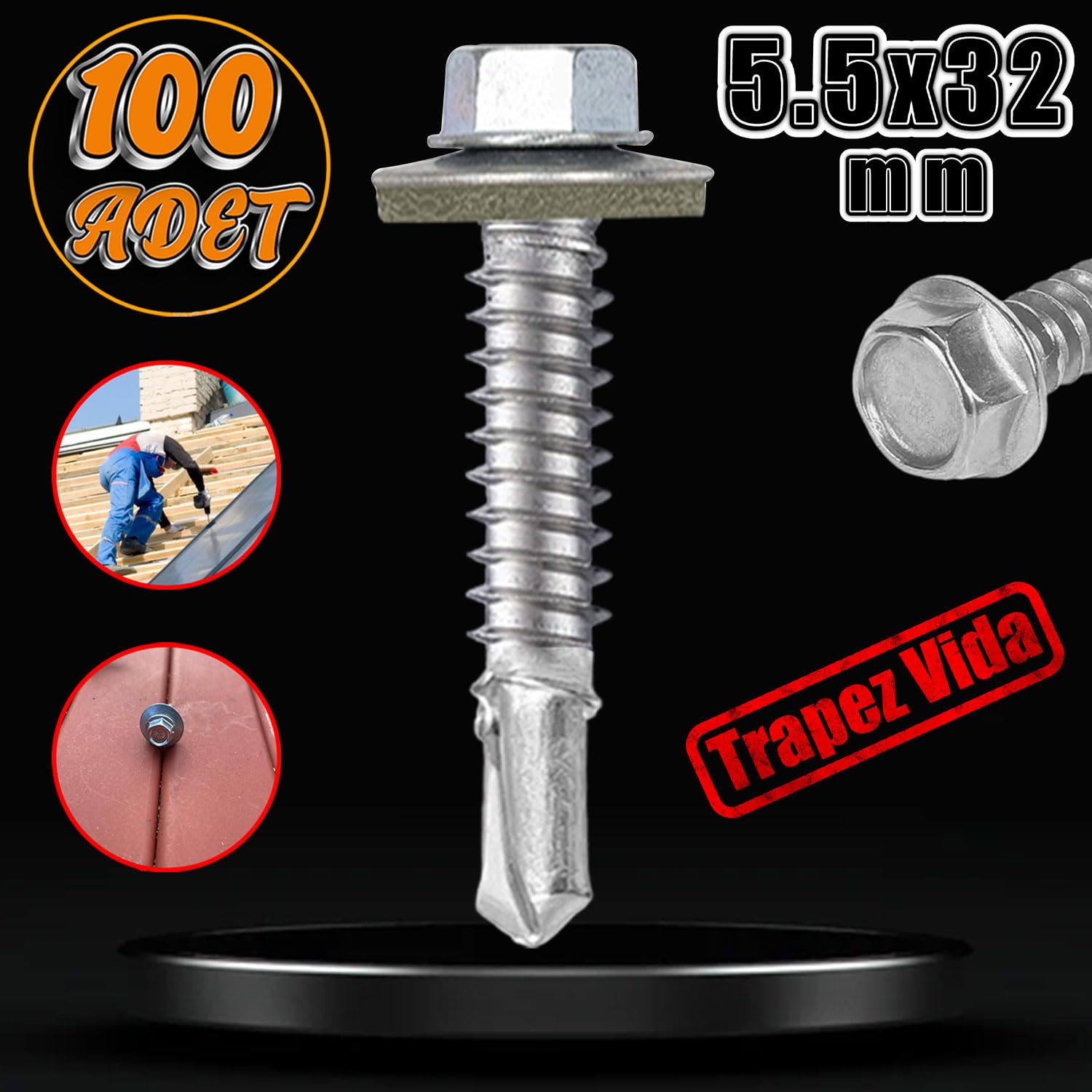 Badem10 Trapez Çatı Vidası 5.5x32 mm Paket 100 ADET Matkap Uçlu Sac Akıllı Vida Çatı Panel Metal Ağaç Vidası