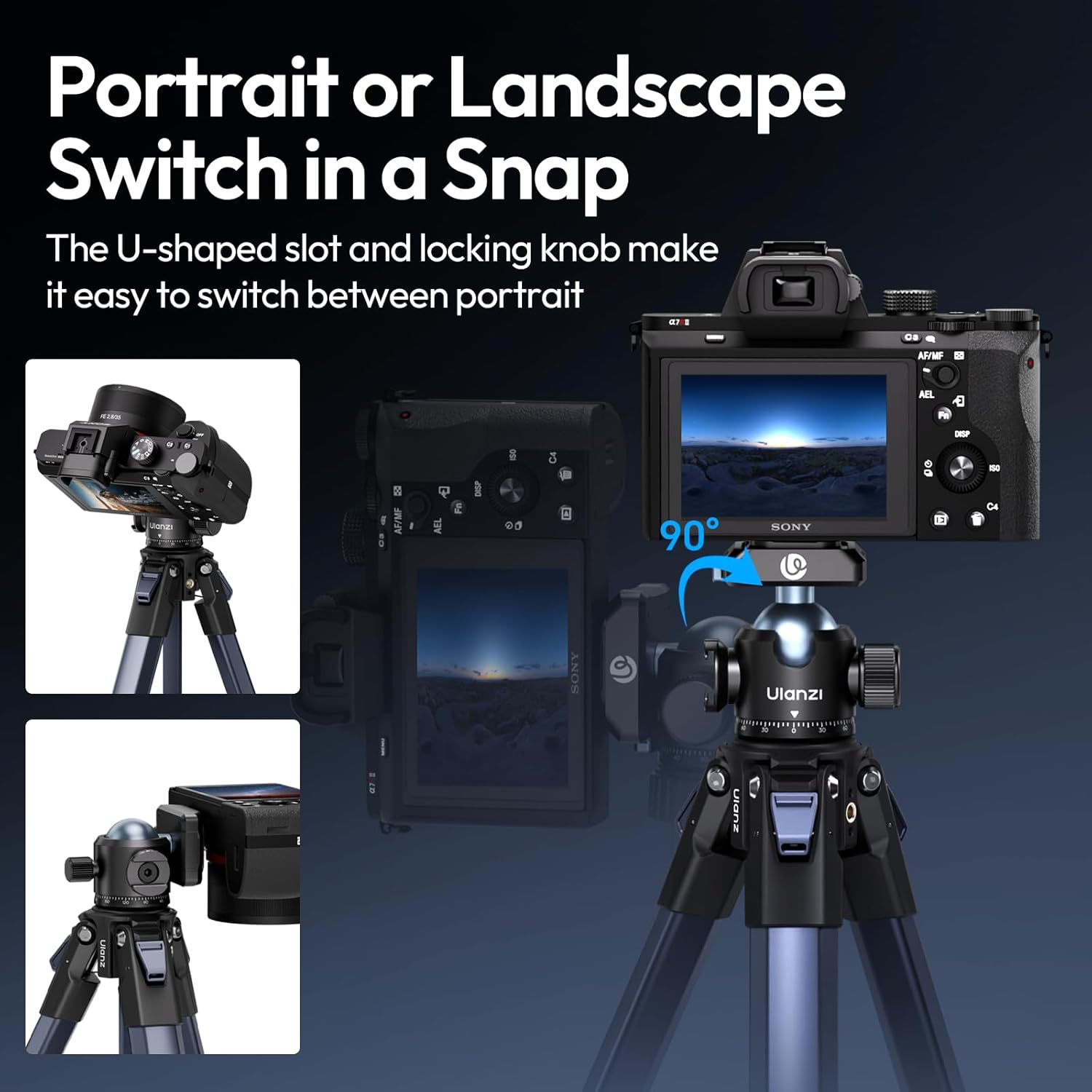 ULANZI T100 Ball Head demonstrating 90-degree tilt and U-groove for vertical shooting.