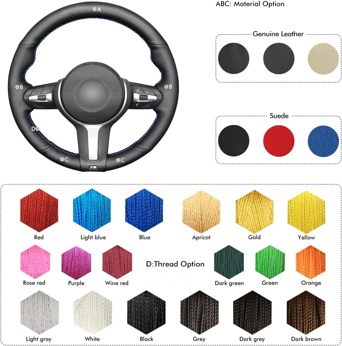 MEWANT Black Genuine Leather Steering Wheel Cover for BMW F30 M Sport F22 F23 F34 F32 F33 F10 F07 F12 F13 F15 X3 X4 X5