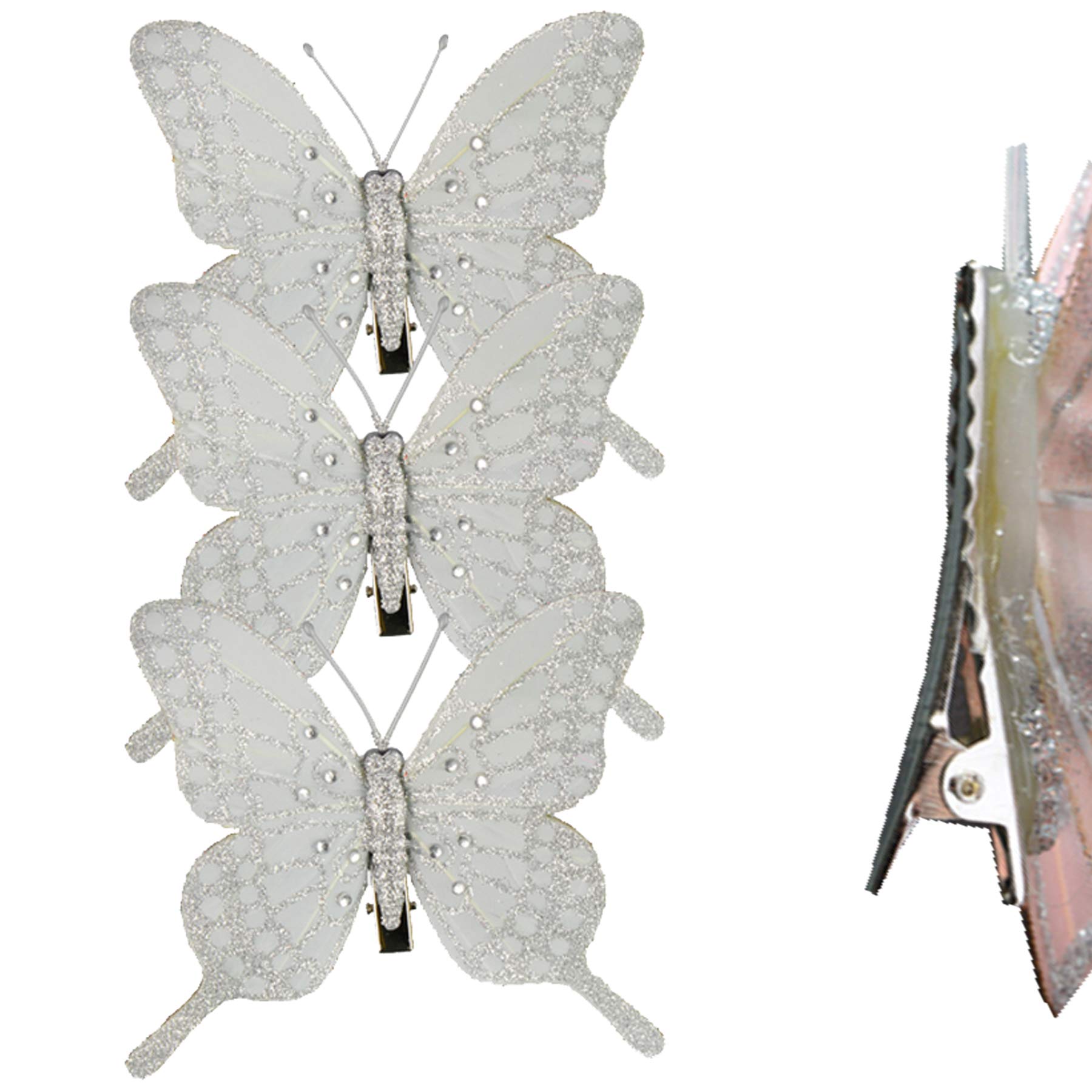Theme Machine Silver Christmas 3 Pack Clip On Feather Butterfly With Glitter Tree Decoration