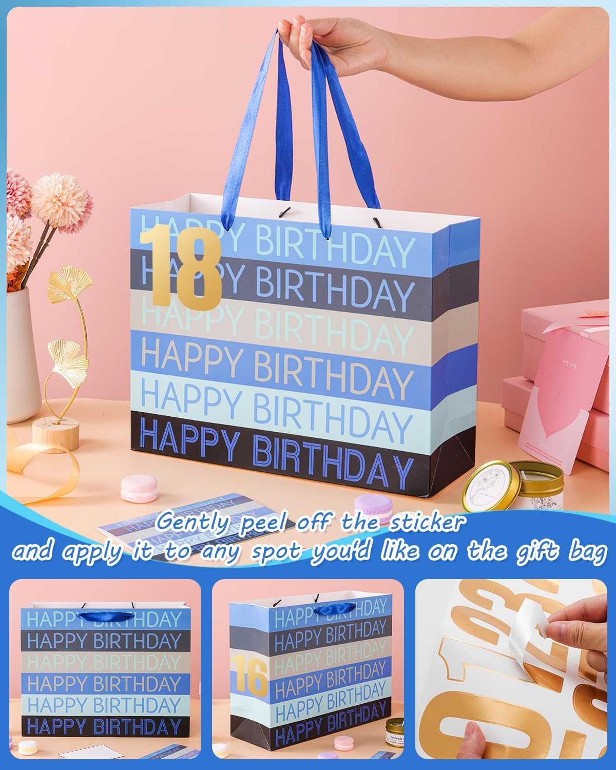 Happy Birthday Gift Bag with Tissue Paper, Card and sticker, 13" Large Gift Bag for Women Men Kids Birthday Party (Blue) - Image 2