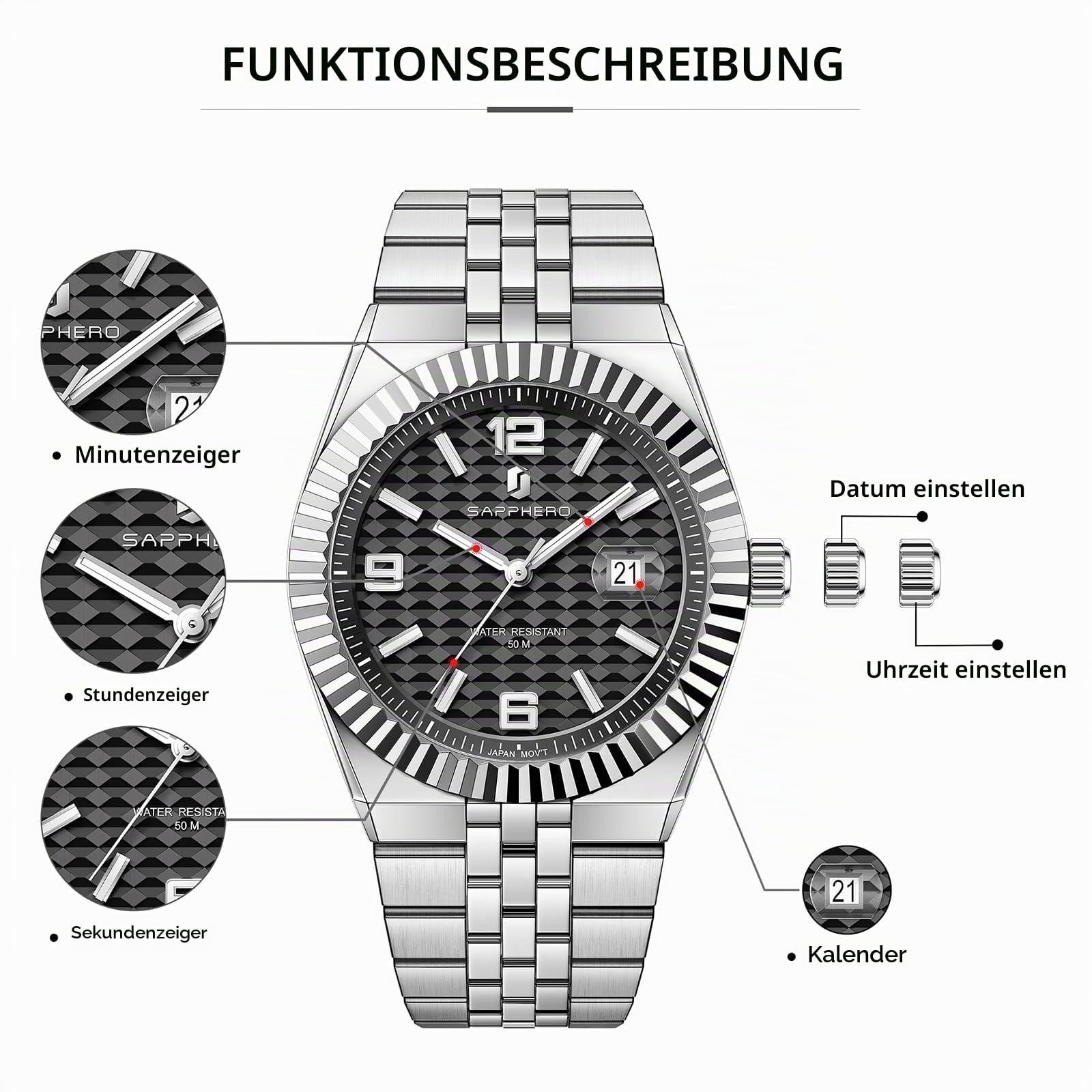 SAPPHERO Herrenuhren Herren-Quarz-Analoguhr Edelstahlarmband mit Datumsfenster Leuchtende Designeruhr 50 m wasserdicht Luxusuhr für Geschäft Arbeit | Wasserdicht bis 30 m, Datumsdesign, Sport, Freizeit, Business, elegant, Geschenk für Herren, Skelettuhr