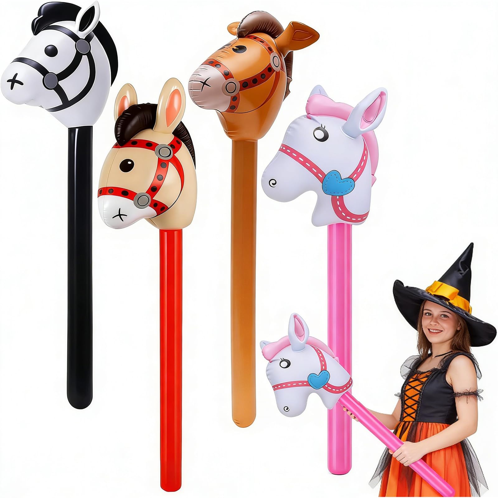 4 Pcs Inflatable Hobby Horses, Portable Inflatable Horse Sticks for Party Favors, Multi-Colour Blow Up Horse Toys,Birthday Decor & Themed Events, Lightweight Costume Props