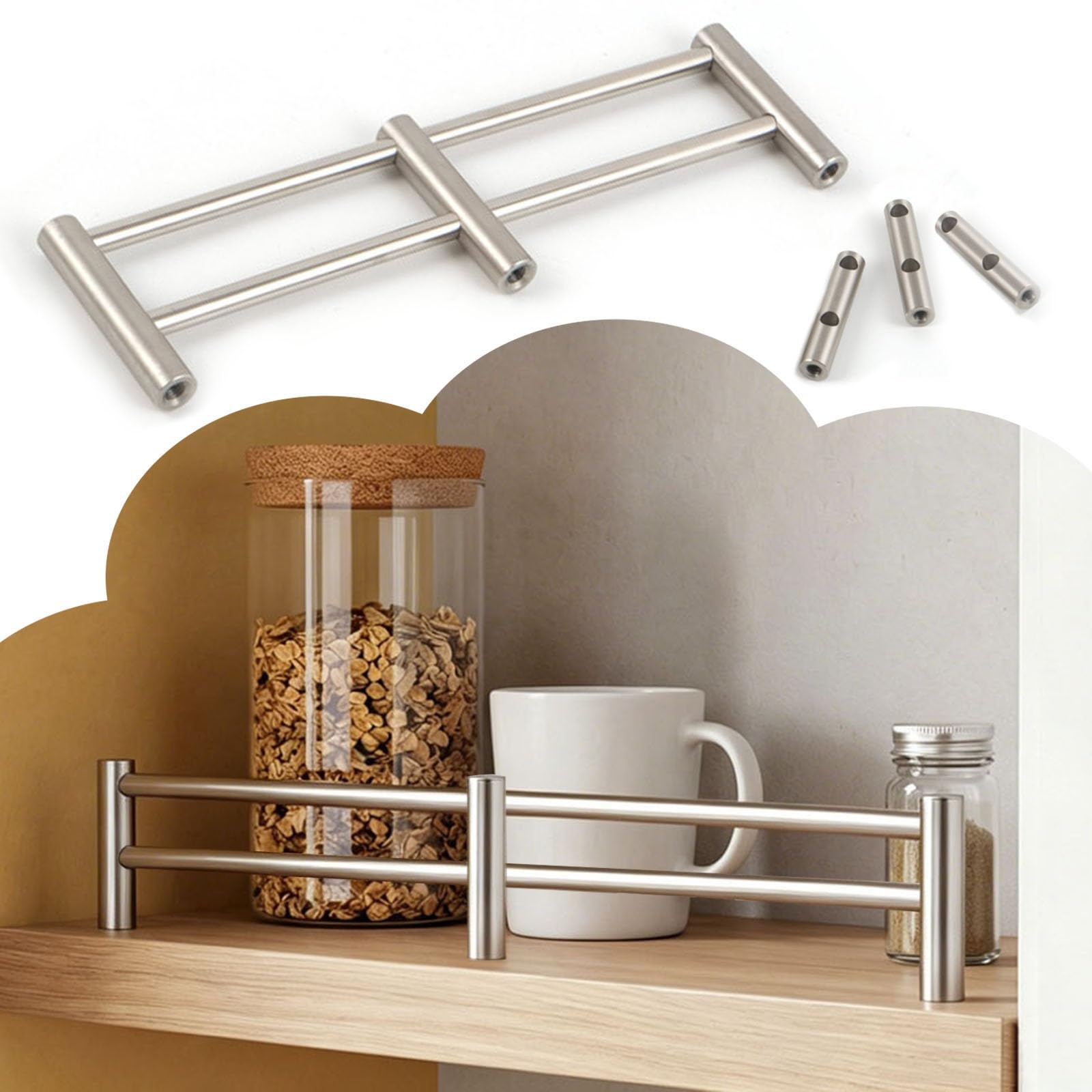 Renlxfi Silver Kitchen Shelf Fences Guard Rail, 10 14 18 24 26 30 34 38 40 50 60 In Fall Protection Guardrail Decorative Rod For Display/Storage, Cuttable Round Tube(,L 56In/142Cm)