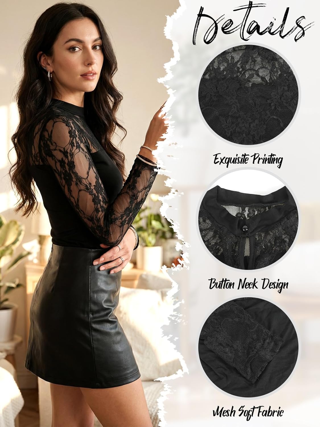 Lace Long Sleeve Tops for Women Sheer Mock Neck Shirt Sexy Mesh Ruched Going Out Tops Spring Slim Fit Blouses - Image 5