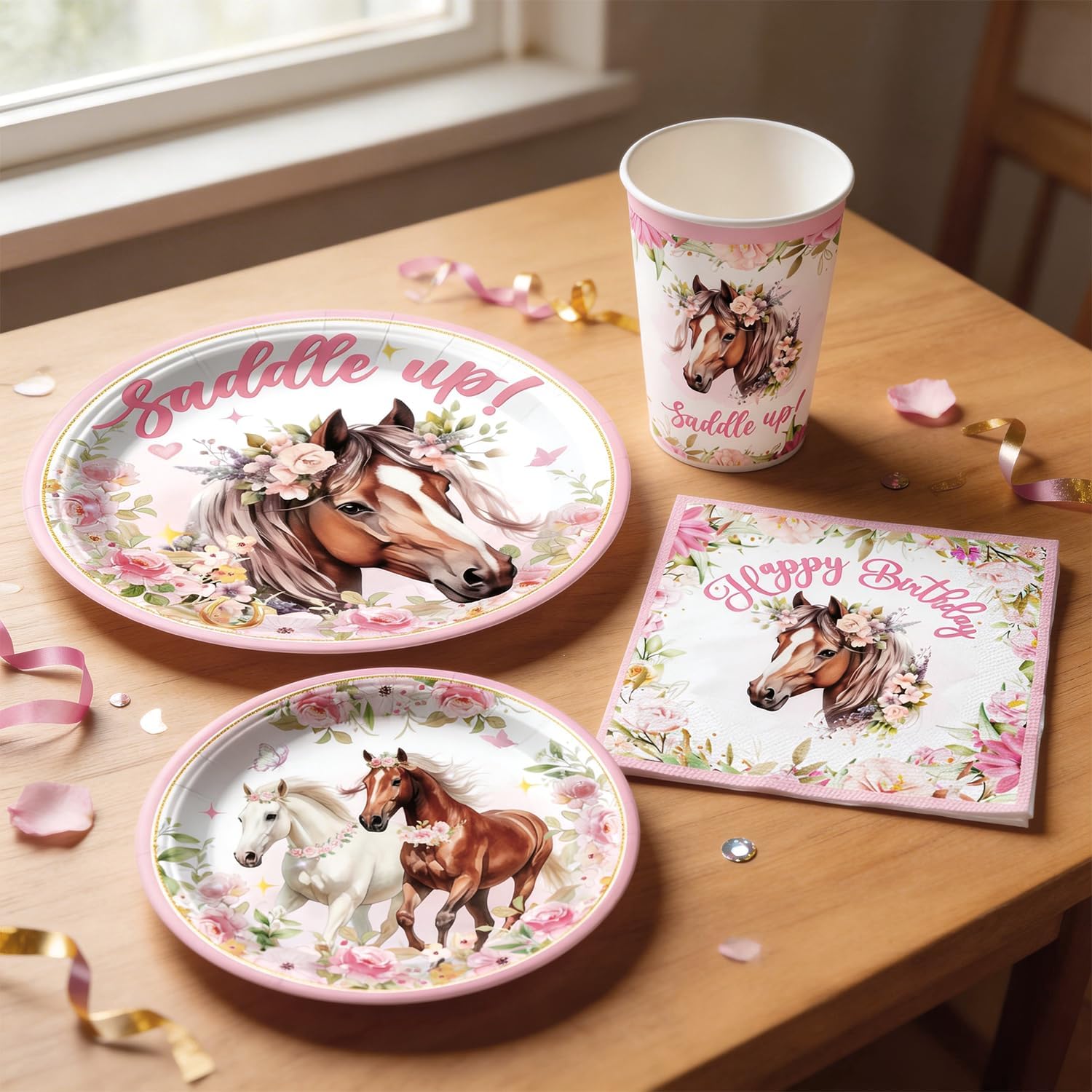 214Pcs Cowgirl Birthday Party Decorations Serve 25, Horse Party Supplies Includes Backdrop, Plates, Napkins, Cups, Banner, Hanging Swirl, Tablecloth, Cake Topper for Girl Birthday Decorations