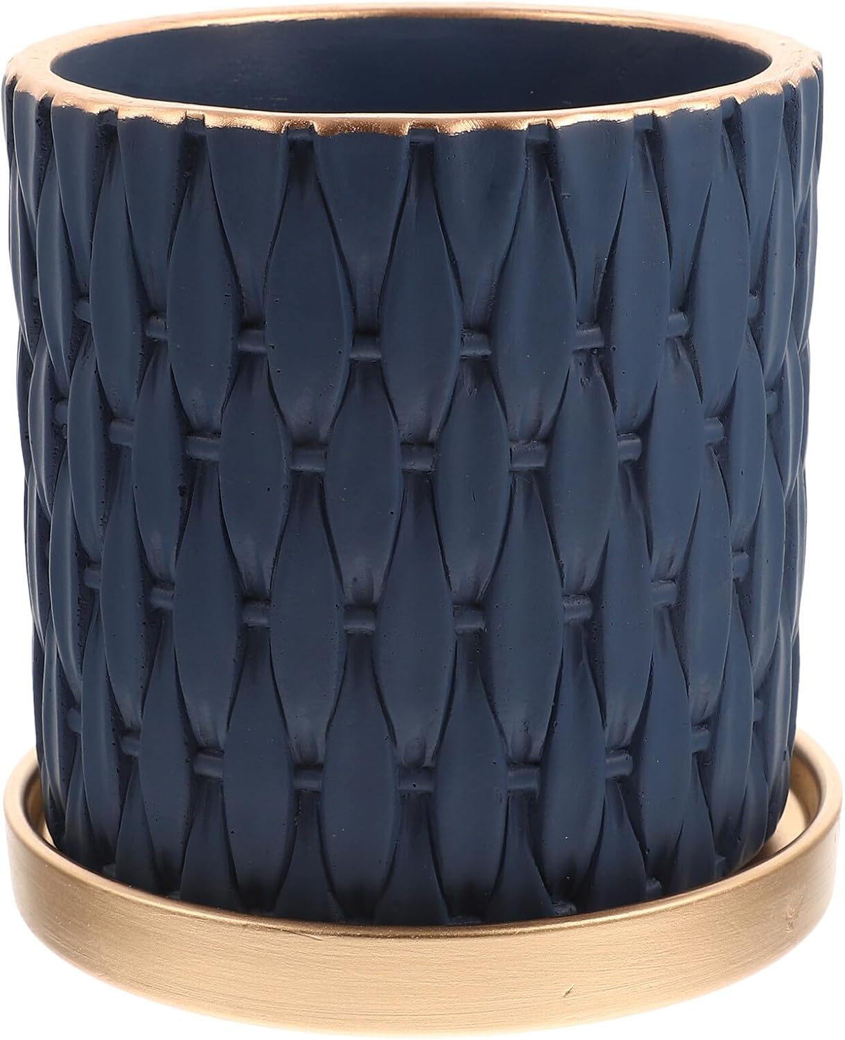 European Style Cement Plant Flower Pot with Woven Pattern and Gold Tray Lightweight Nursery Planter for Succulents and Flowers Indoor Outdoor Gardening Accessory