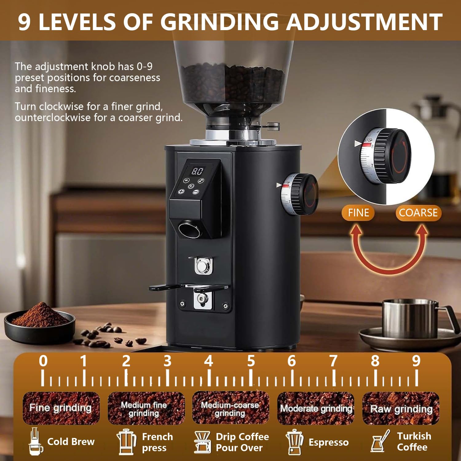 Molinillo Cafe Electrico, Moledor De Cafe 350 W, 2800 RPM, Modo De Dosificación Dual, Panel De Control LED Y Tolva De 450 G, 9 Ajustes De Molienda Gruesa/Fina, para Espresso White